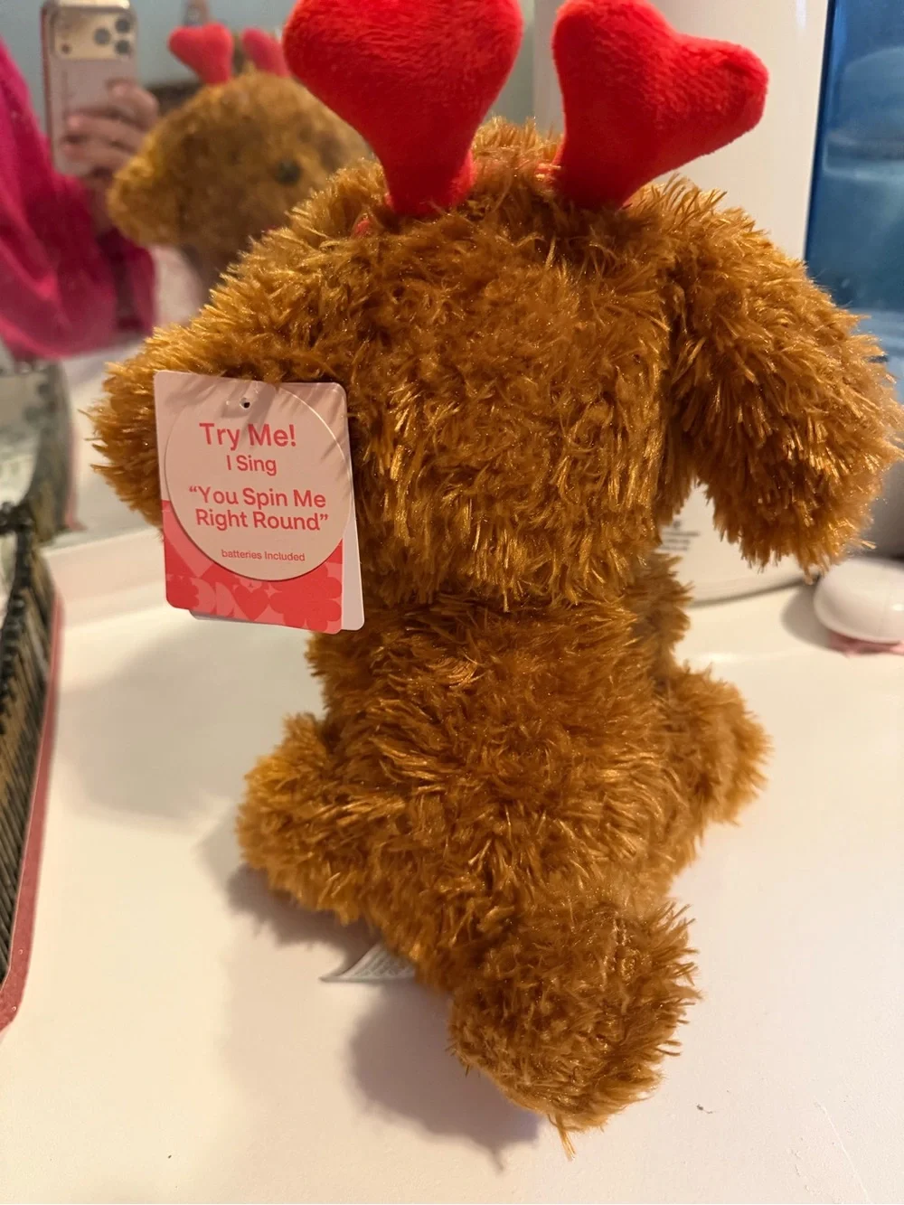 Plush Brown Puppy Dog Toy with Red Bow